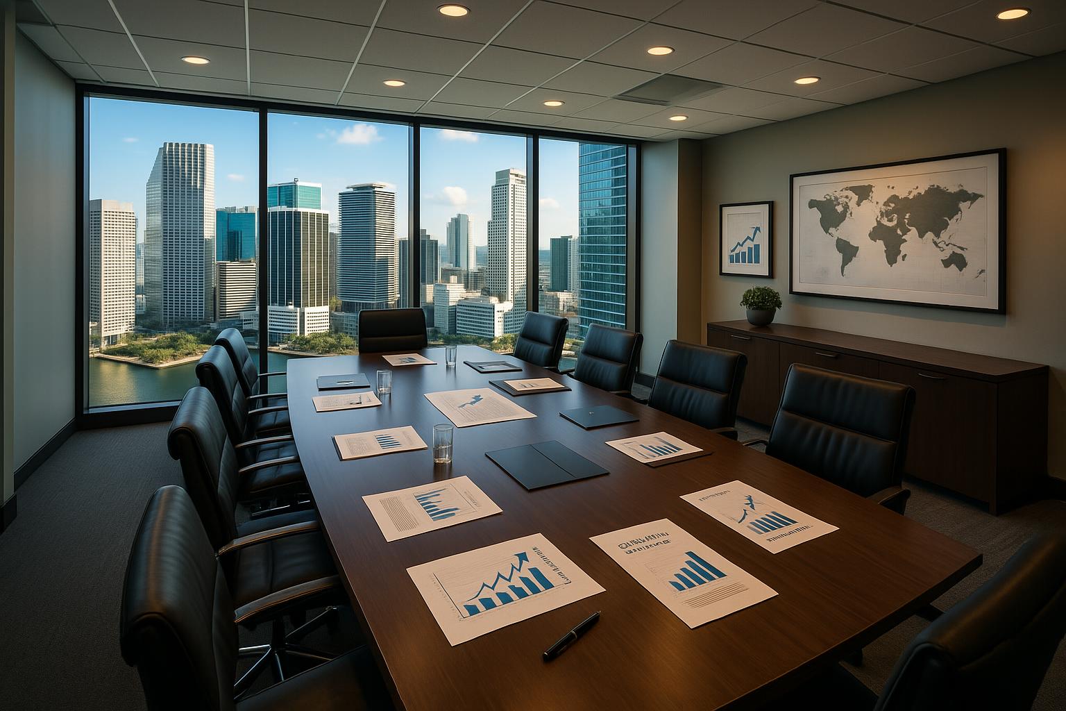 Executive boardroom with strategic planning materials and Miami skyline view